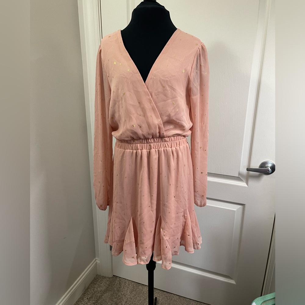 Francesca’s Mi Ami Women's Pink Dress L Short Metallic Gold Stars sheer sku99